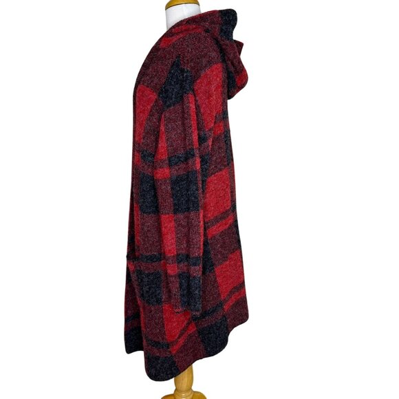 Natural Reflections Red & Black Hooded Plaid Cardigan Coat Duster, Soft, Size 1X - Picture 3 of 5